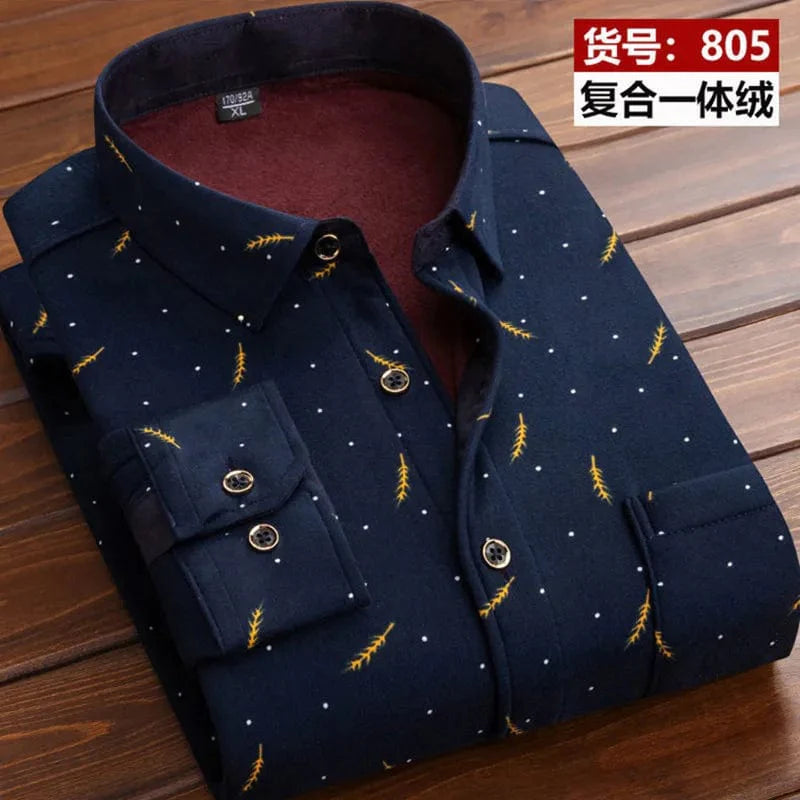 Men's plaid fleece-lined casual shirt by Showlu Fashion, thick cotton warm top with long sleeves for winter, available in large sizes.