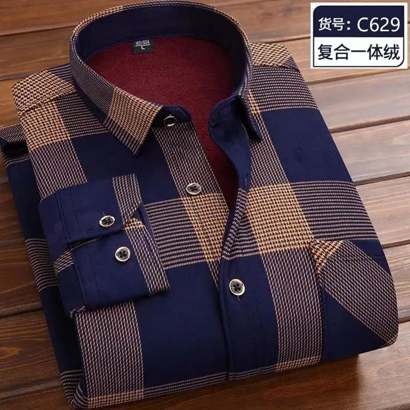 Men's plaid fleece-lined casual shirt by Showlu Fashion, warm thick cotton top with long sleeves for winter comfort.