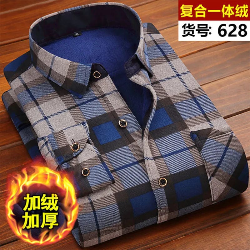 Showlu Fashion Men's plaid fleece-lined casual shirt, warm thick cotton top with long sleeves, ideal for winter and autumn wear.