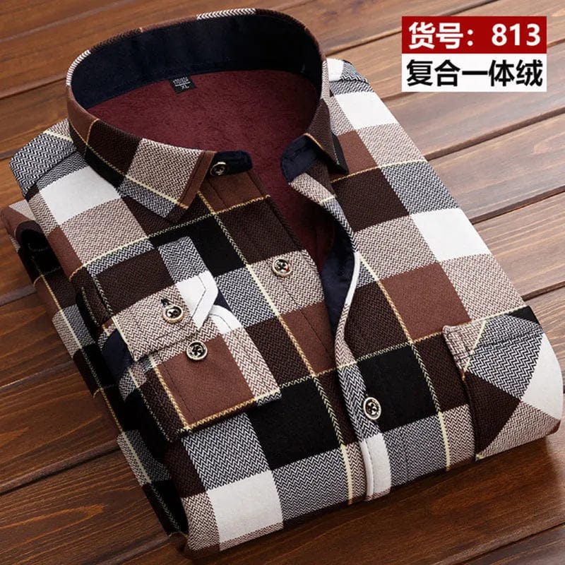 Showlu Fashion men's plaid fleece-lined casual shirt, thick cotton warm top with long sleeves for winter, available in large sizes.