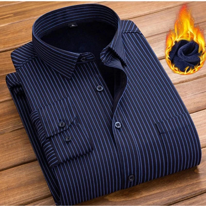 Men's plaid fleece-lined casual shirt by Showlu Fashion, thick cotton warm top, long-sleeve winter shirt in large sizes.