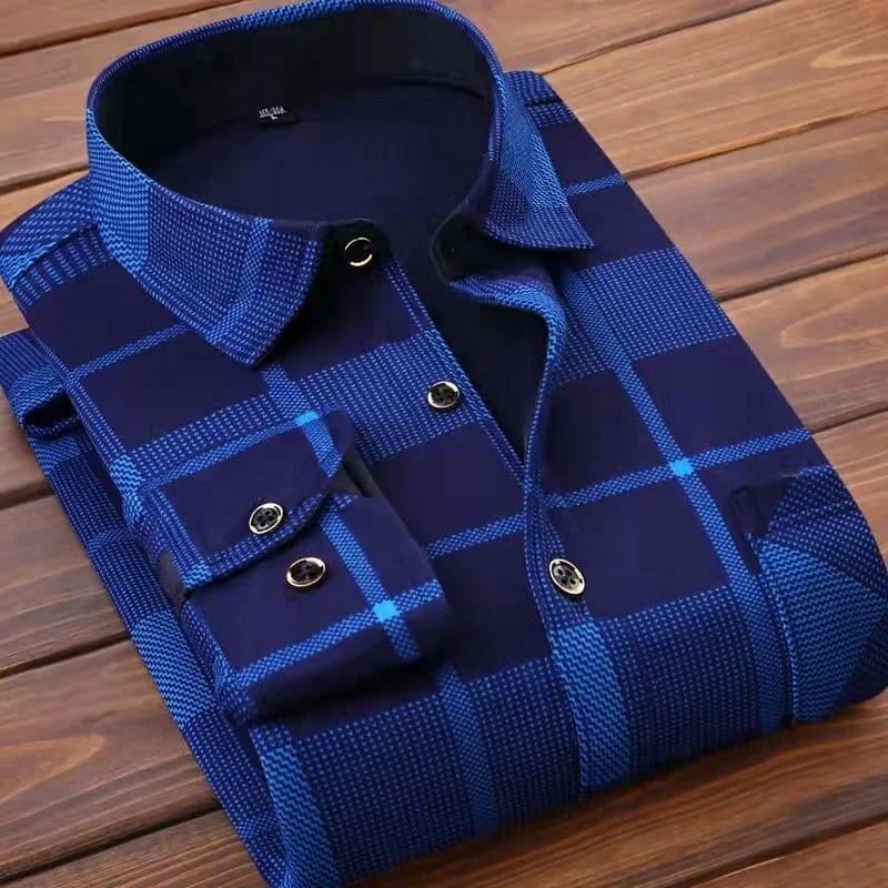 Showlu Fashion Men's plaid fleece-lined casual shirt, thick cotton warm long-sleeve top for winter, available in large sizes.