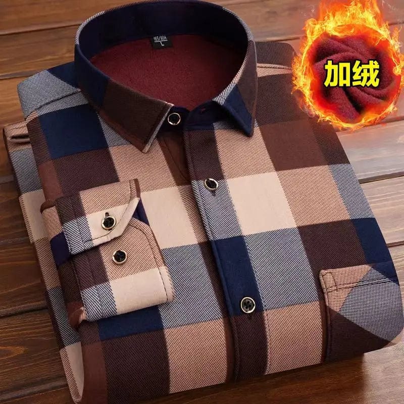 Showlu Fashion KOLMAKOV men's plaid fleece-lined casual shirt with long sleeves, thick cotton for warmth, available in large sizes.