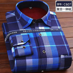A long-sleeved men's plaid shirt in shades of blue with a thick fleece lining.