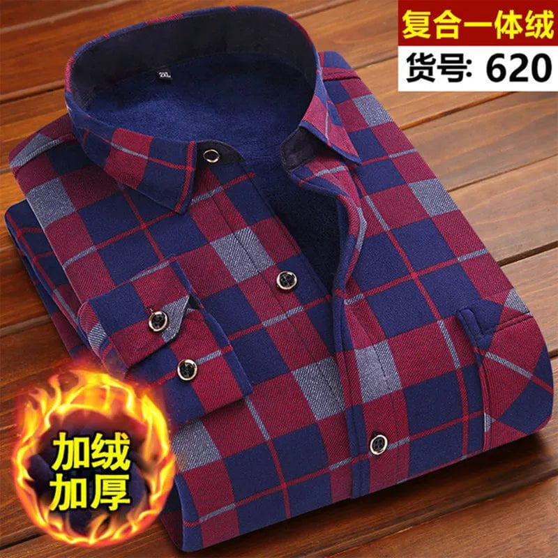 KOLMAKOV men's plaid fleece-lined casual shirt in thick cotton, warm and comfortable for winter, featuring long sleeves and large sizes