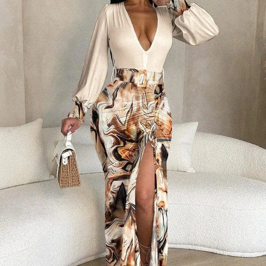 20234 Autumn/Winter New Print Sexy V - Neck Belt Women's Dress Lantern Sleeves Waist Wrapped Split Hip Wrap Slim Fit Dress - SHOWLU FASHION STORE