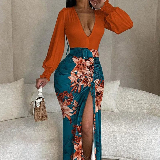 20234 Autumn/Winter New Print Sexy V - Neck Belt Women's Dress Lantern Sleeves Waist Wrapped Split Hip Wrap Slim Fit Dress - SHOWLU FASHION STORE