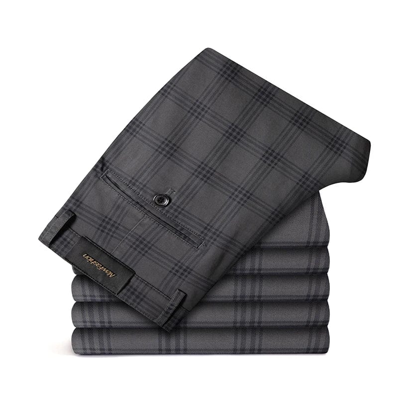 Men's plaid slim fit casual and business trousers by Showlu Fashion, featuring stretch fabric and multiple color options.