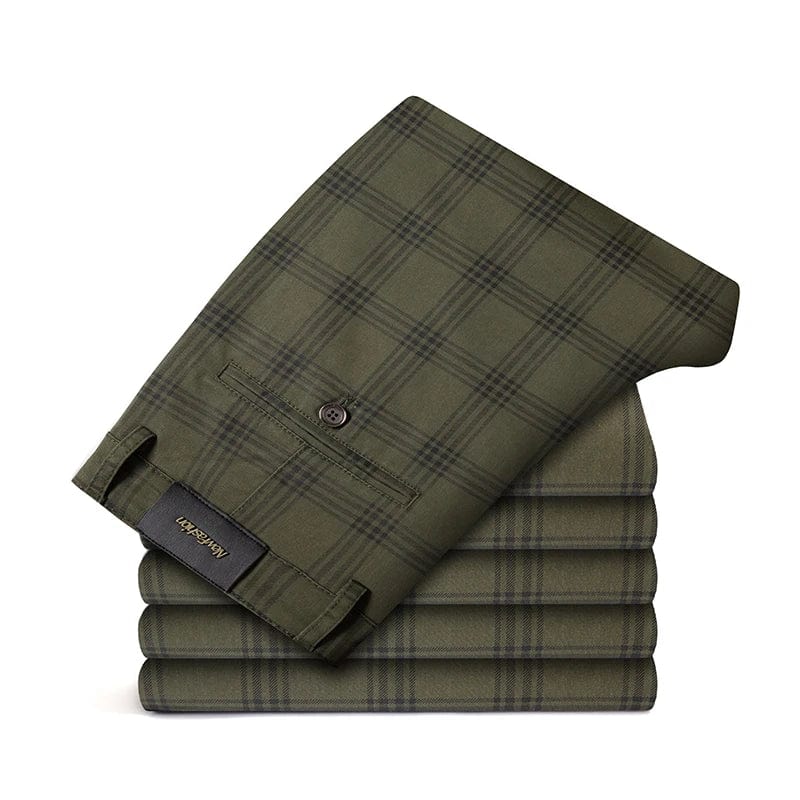 Men's plaid slim fit casual and business trousers by Showlu Fashion, featuring stretch fabric and a modern slim silhouette.