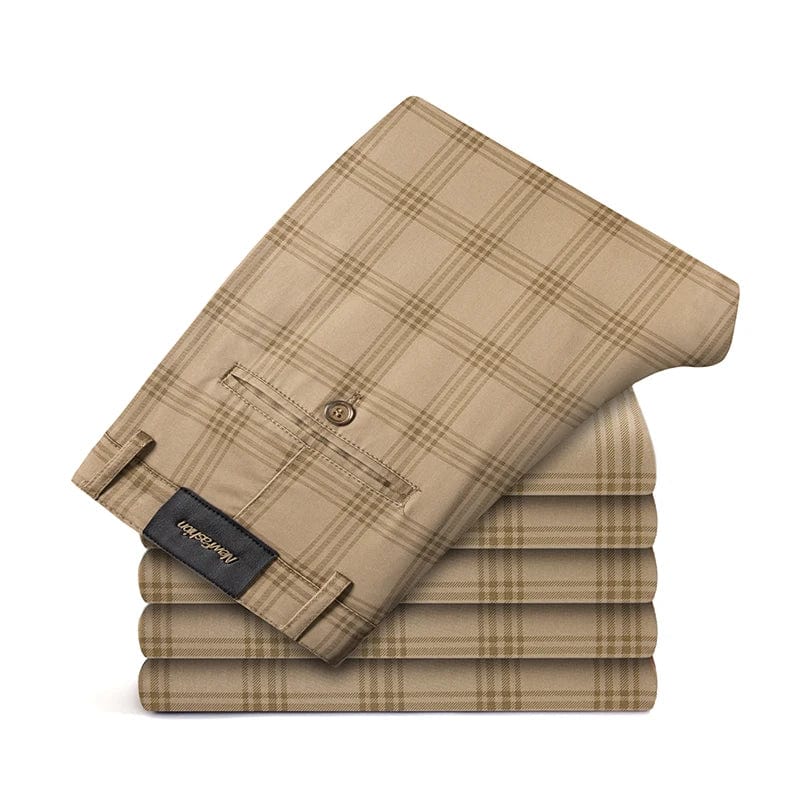 Men's plaid slim fit stretch casual trousers by Showlu Fashion, featuring stylish business and fashion design in multiple colors.