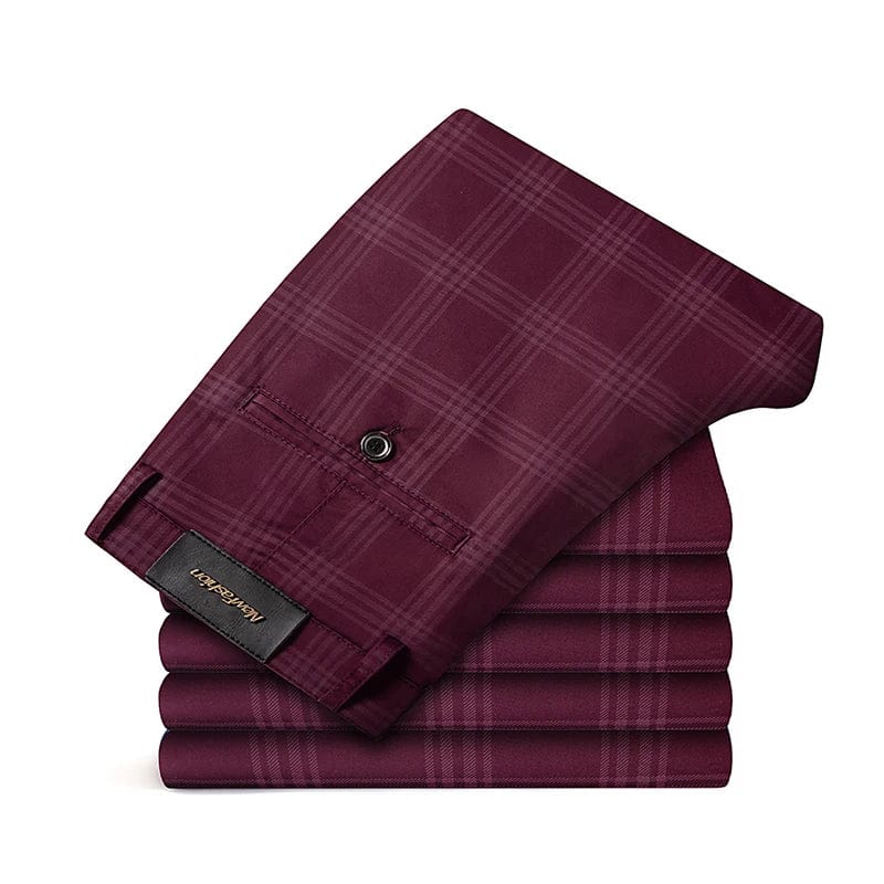 Showlu Fashion men's plaid slim fit stretch casual and business trousers, available in multiple colors, perfect for stylish male outfits.