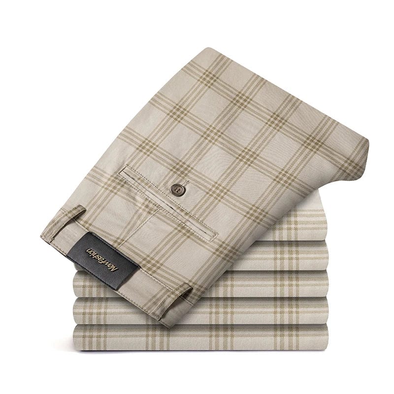 Men's plaid slim fit stretch casual trousers by Showlu Fashion, stylish business and casual men's pants in multiple colors.