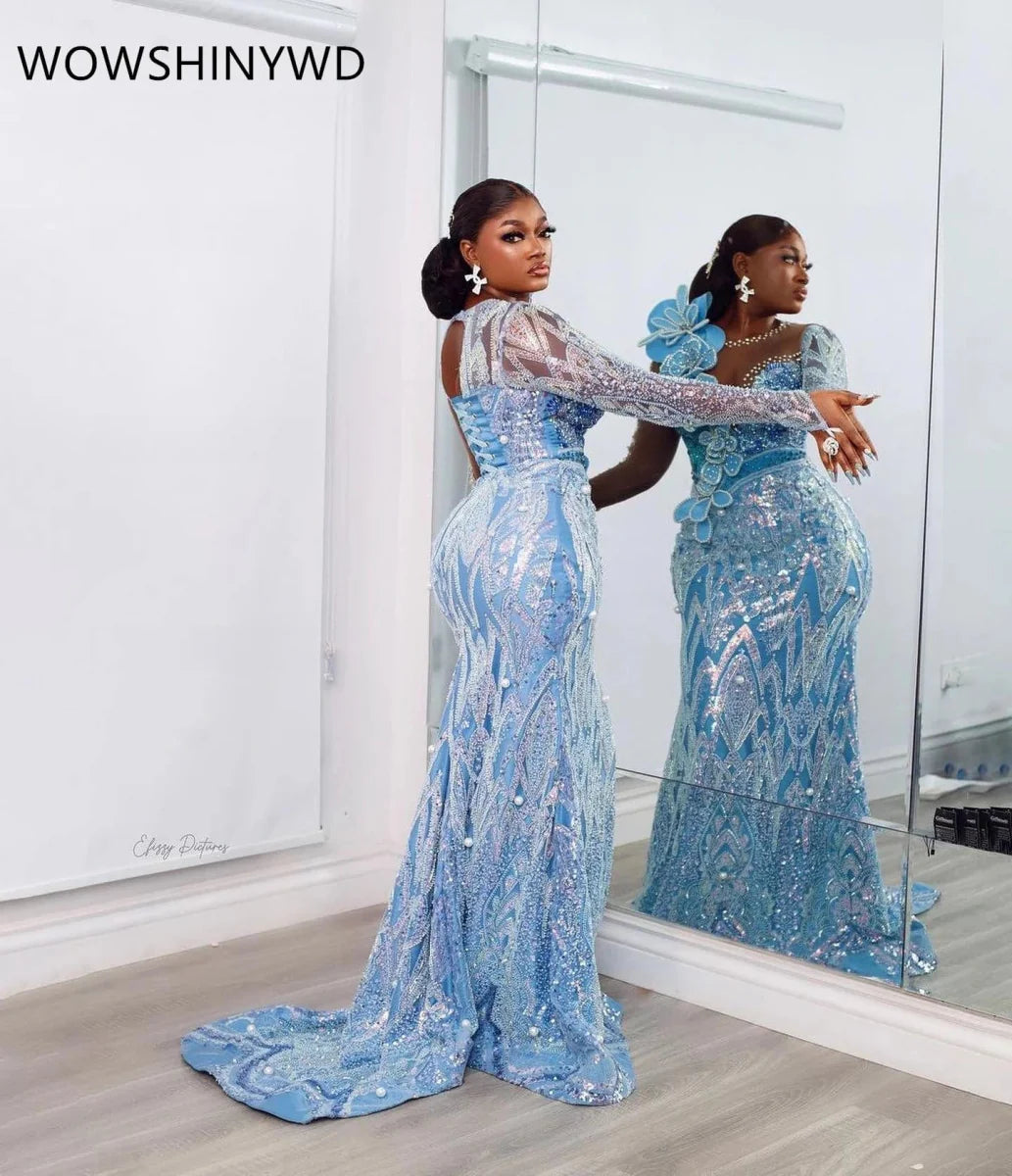 Sky blue mermaid prom dress by SHOWLU FASHION with beaded sequins, evening gown, perfect for formal parties and special occasions.