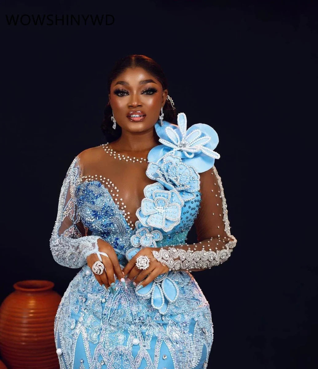 Sky blue mermaid prom dress by SHOWLU FASHION STORE with beaded sequins, elegant evening gown, perfect for formal parties and special occasions.