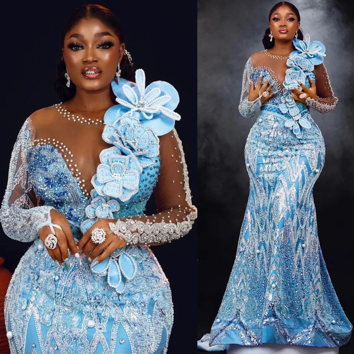 Sky blue mermaid prom dress by SHOWLU FASHION STORE featuring beaded sequins and a fitted silhouette for formal evening events.