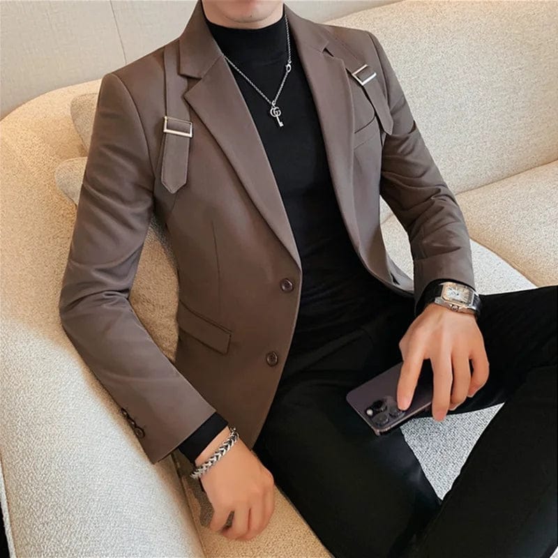 2024 Autumn Winter New Strap Decoration Suit Jacket for Men Fashion Slim Casual Business Blazers Groom Wedding Social Tailcoat - SHOWLU FASHION STORE