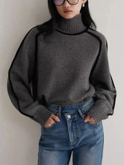 2024 Autumn/Winter Fashion New Women's Elegant Knitted Hoodie Half High Collar Long Sleeve Splicing Commuter Style Warm Sweater - SHOWLU FASHION STORE