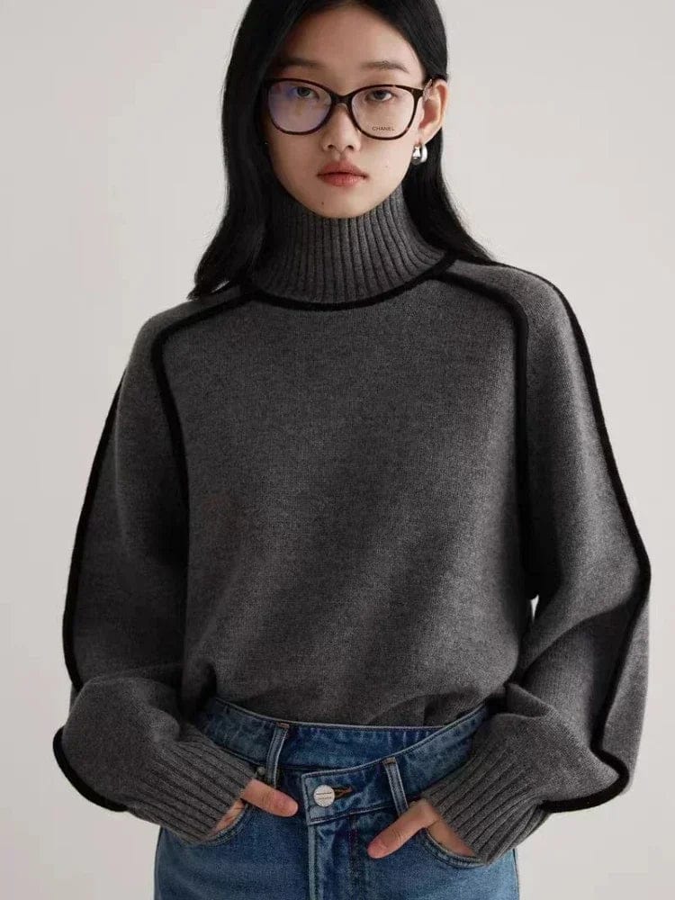 Women's knitted hoodie with turtleneck and lantern sleeves, SHOWLU FASHION warm sweater for autumn and winter fashion.