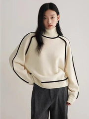 2024 Autumn/Winter Fashion New Women's Elegant Knitted Hoodie Half High Collar Long Sleeve Splicing Commuter Style Warm Sweater - SHOWLU FASHION STORE