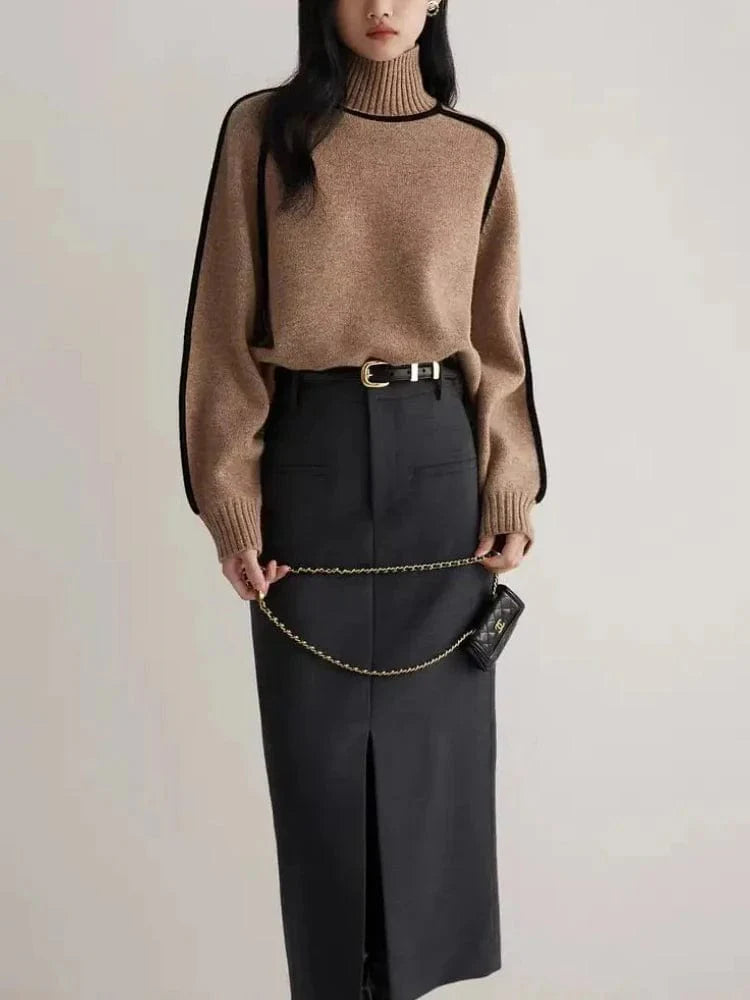 Women's knitted hoodie with turtleneck and lantern sleeves, SHOWLU FASHION, stylish autumn-winter sweater, warm and cozy.