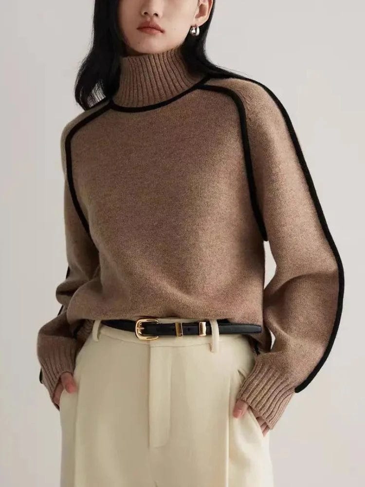 Women's knitted hoodie by SHOWLU FASHION with turtleneck, lantern sleeves, and spliced design, perfect for autumn winter warmth.