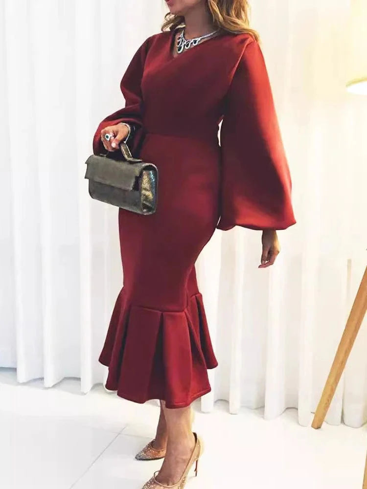 AOMEI V-Neck Fishtail Evening Dress by SHOWLU FASHION with long sleeves, sexy V-neck, fitted silhouette, perfect for parties and events.