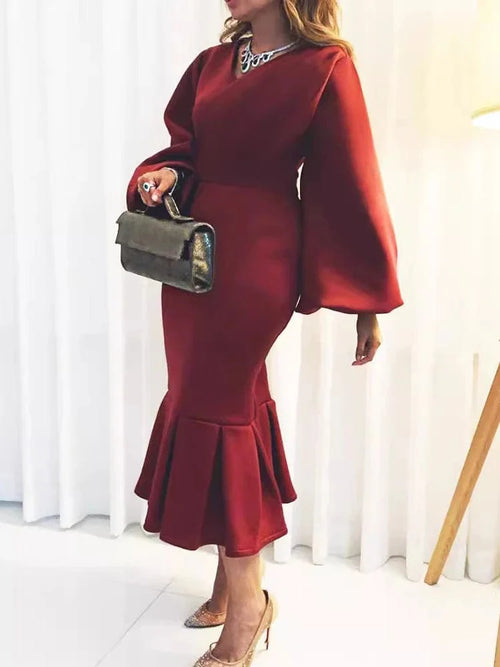 AOMEI V-Neck Fishtail Evening Dress by SHOWLU FASHION with long sleeves, sexy V-neck, fitted silhouette, perfect for parties and events.