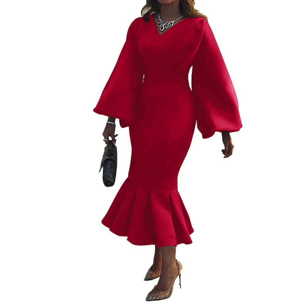 AOMEI V-neck fishtail evening dress by SHOWLU FASHION STORE, long sleeve sexy party gown with bubble design for autumn winter.