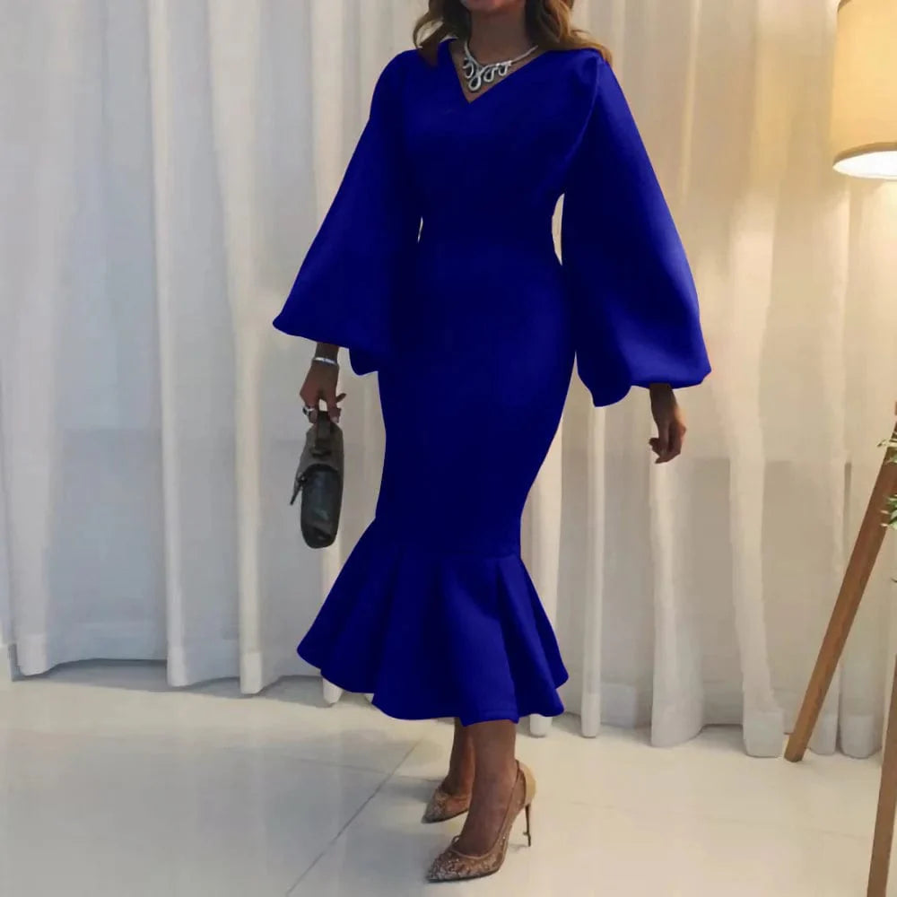 AOMEI V-neck fishtail evening dress with long sleeves, sexy style, perfect for parties and special occasions.