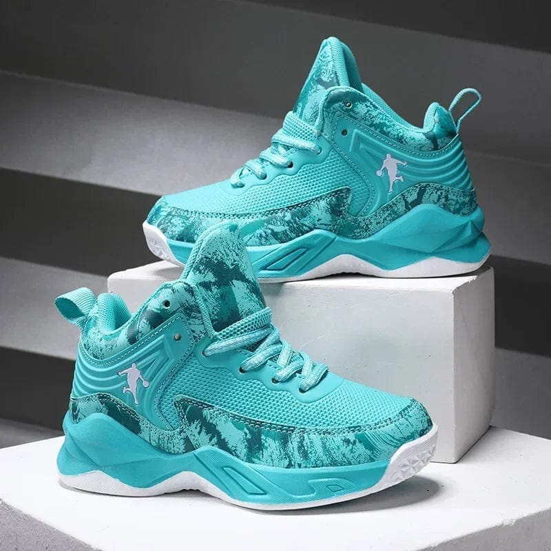 Kids basketball shoes by MaiJiaKa, non-slip leather sneakers for boys with thick sole and sporty design.