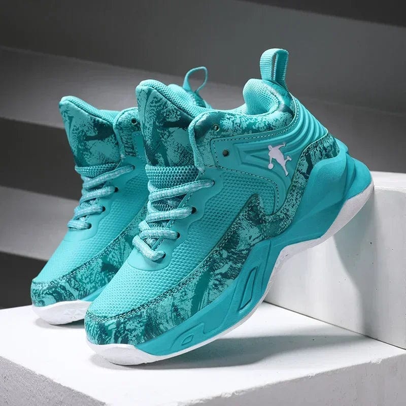Kids basketball shoes by MaiJiaKa, non-slip leather sneakers with thick soles for boys' sports and active play.