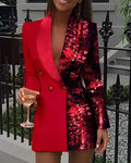 Kalenmos women's sequin colorblock blazer dress, elegant mini party gown with long sleeves, stylish for work or club wear.