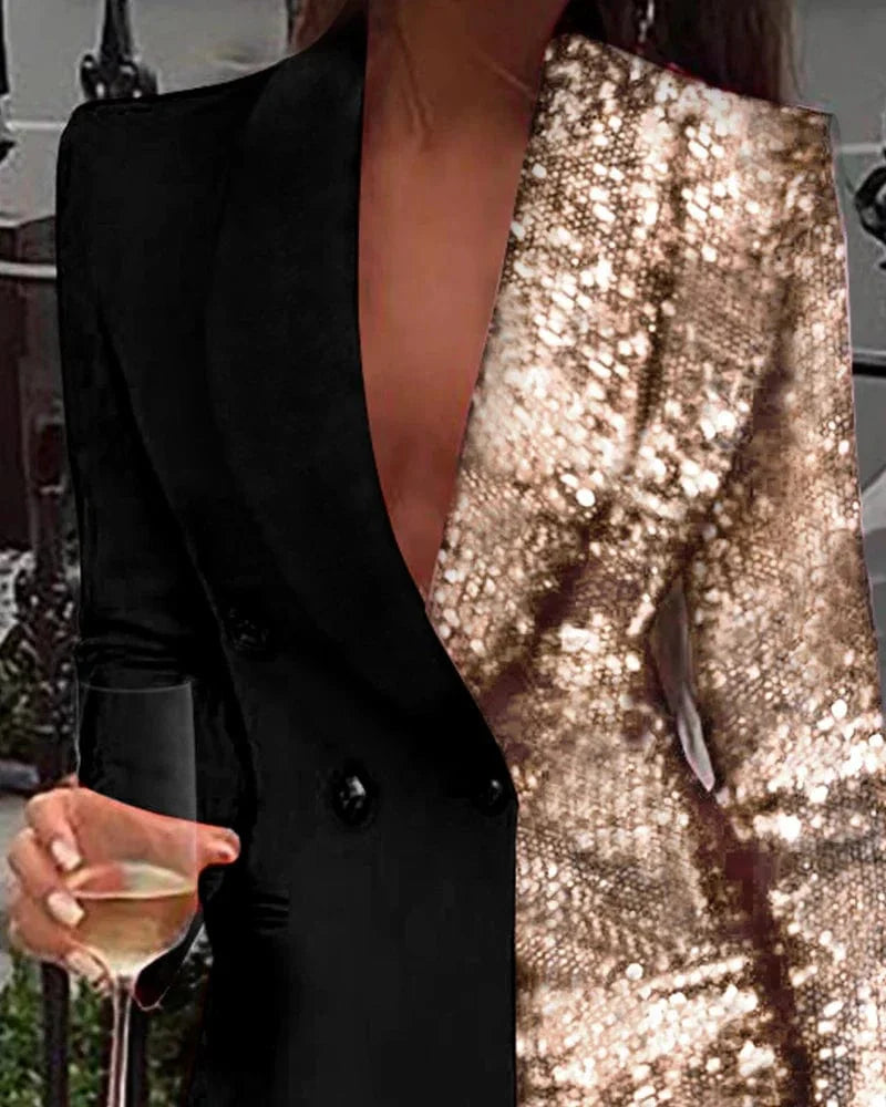 Kalenmos women's sequin colorblock blazer dress, elegant mini party gown with long sleeves, stylish for work or club wear.