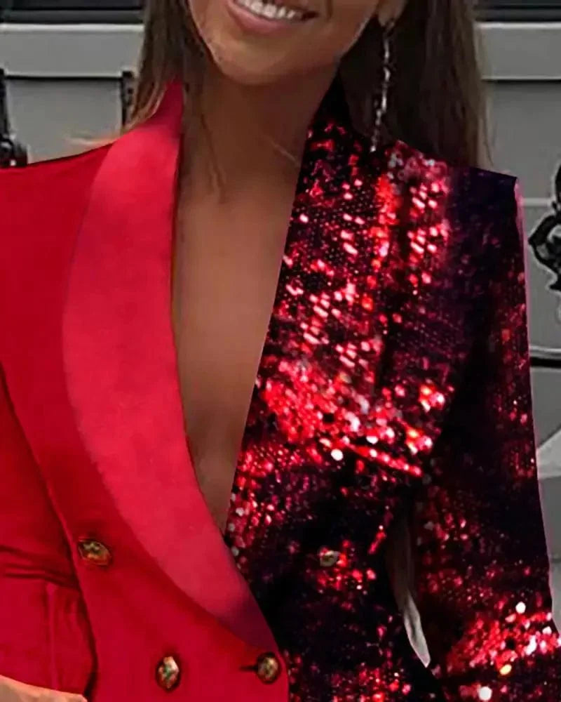 Kalenmos women's sequin colorblock blazer dress, elegant mini party gown with long sleeves, perfect for work or club events.
