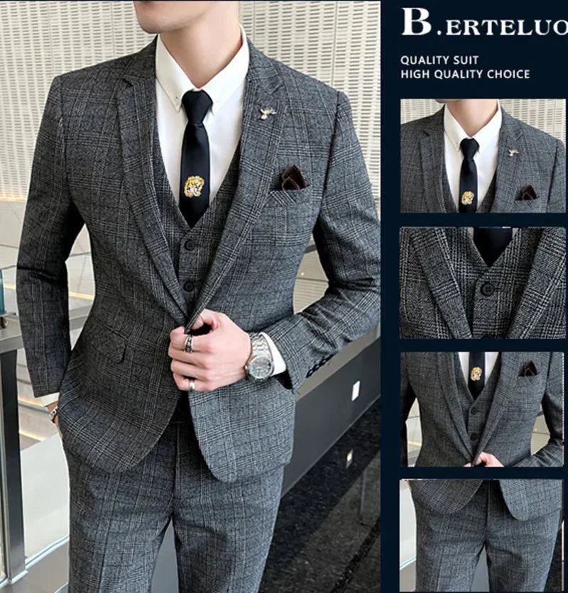 Men's 3-piece linen suit by Showlu Fashion, including blazer, vest, and pants, ideal for business, wedding, or casual occasions.