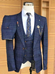 2024 Business Fit Blue Plaid Striped Men's Suit 3 - piece Best Man Wedding Dress Men Clothing Suit Men - SHOWLU FASHION STORE