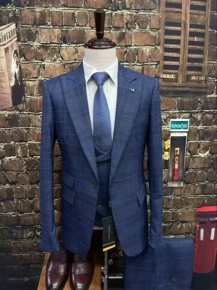 2024 Business Fit Blue Plaid Striped Men's Suit 3 - piece Best Man Wedding Dress Men Clothing Suit Men - SHOWLU FASHION STORE