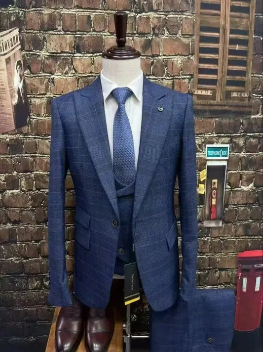 2024 Business Fit Blue Plaid Striped Men's Suit 3 - piece Best Man Wedding Dress Men Clothing Suit Men - SHOWLU FASHION STORE