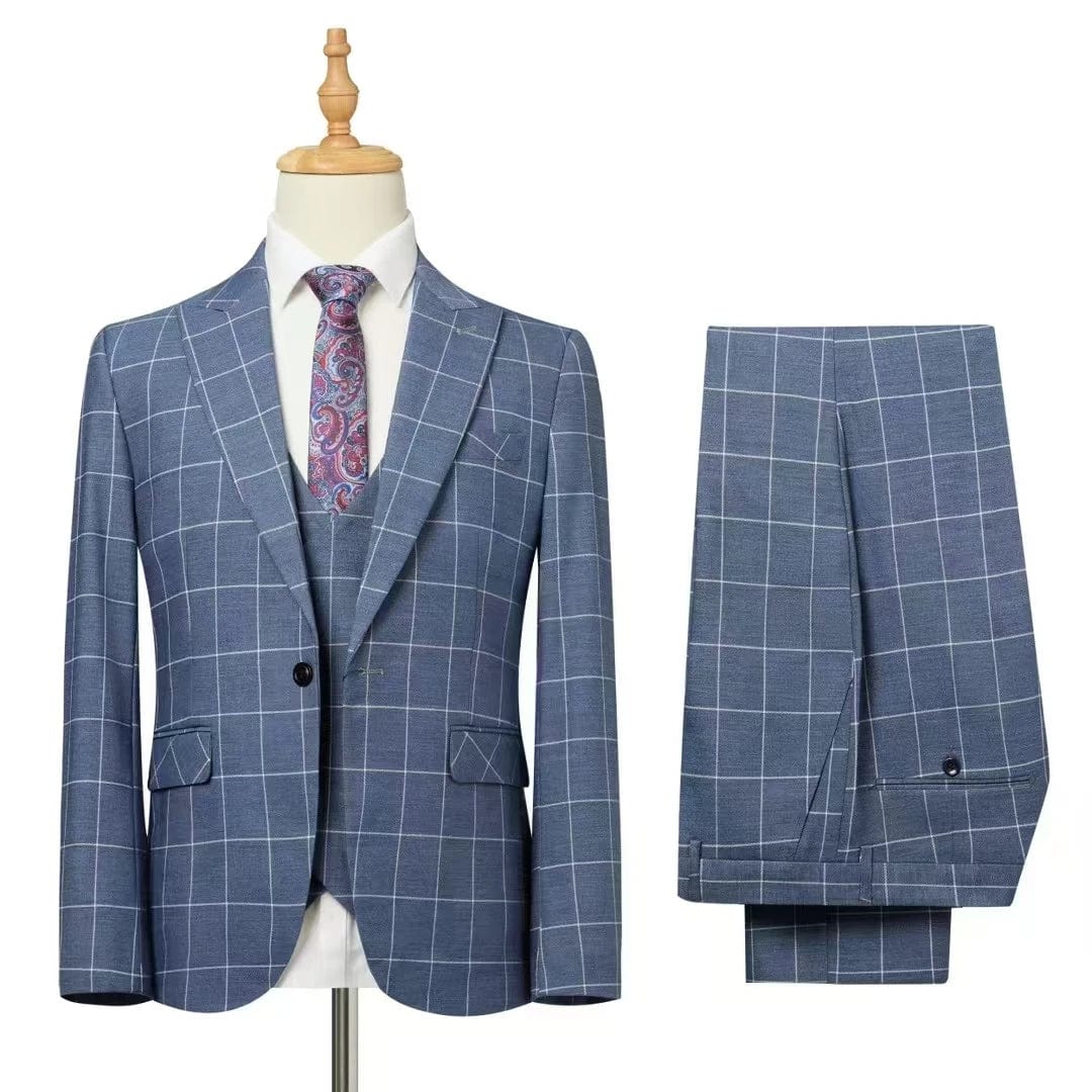 2024 Business Fit Blue Plaid Striped Men's Suit 3 - piece Best Man Wedding Dress Men Clothing Suit Men - SHOWLU FASHION STORE