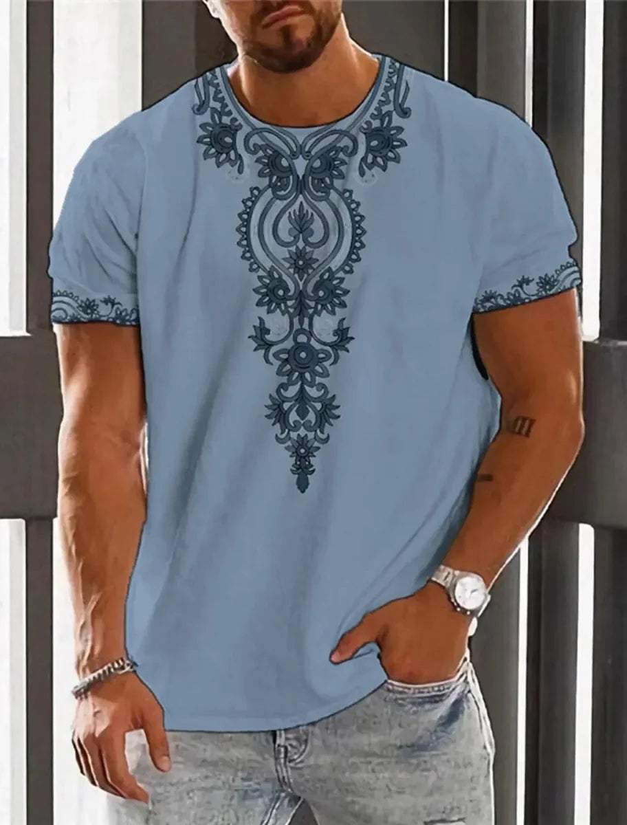 Showlu Fashion men's ethnic 3D print T-shirt featuring retro Harajuku totem design, casual summer streetwear for men.