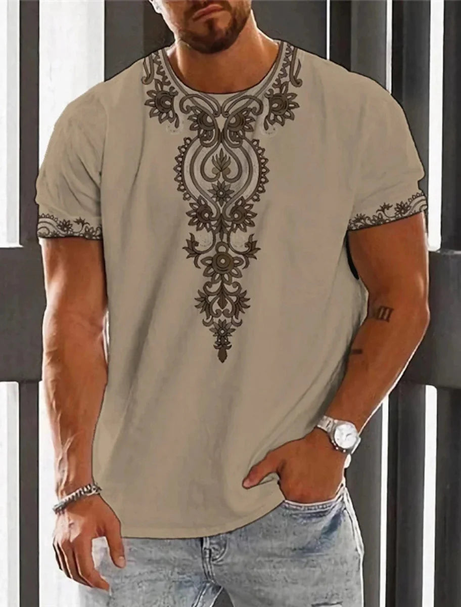 Men's ethnic 3D print T-shirt by Showlu Fashion, featuring retro Harajuku totem design, casual streetwear style.