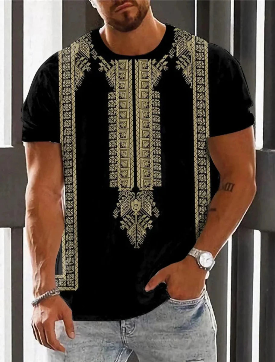 Showlu Fashion men's ethnic 3D print T-shirt featuring retro Harajuku totem design, casual streetwear for summer.