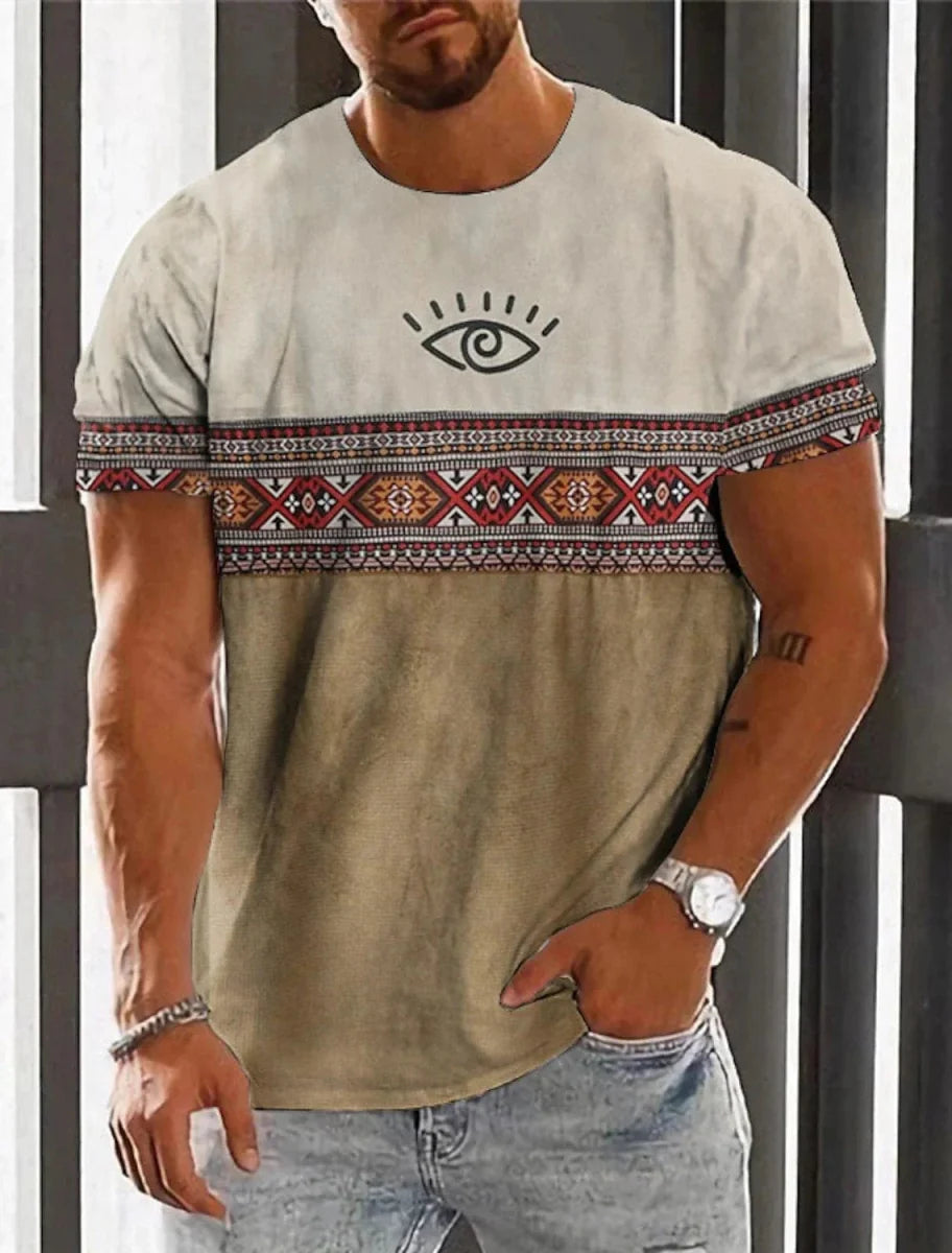 Men's Showlu Fashion ethnic 3D print T-shirt featuring retro Harajuku totem design, casual streetwear top for summer.