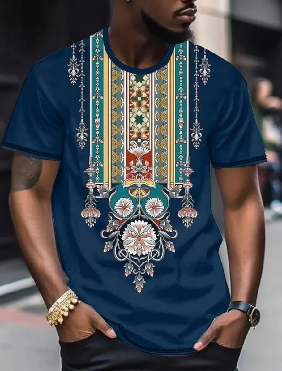 Men's Showlu Fashion ethnic 3D print T-shirt with retro Harajuku totem design, casual streetwear for summer.