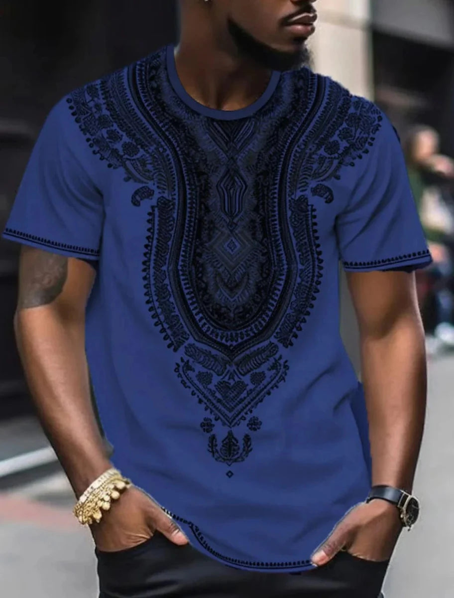 Showlu Fashion men's ethnic 3D print T-shirt featuring retro Harajuku totem design, casual streetwear for summer.