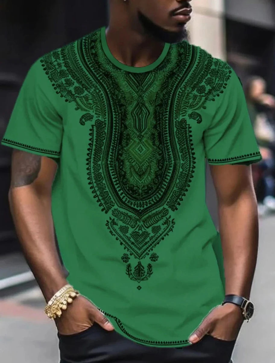 Men's ethnic 3D print T-shirt by Showlu Fashion featuring retro Harajuku totem design, casual summer streetwear style.