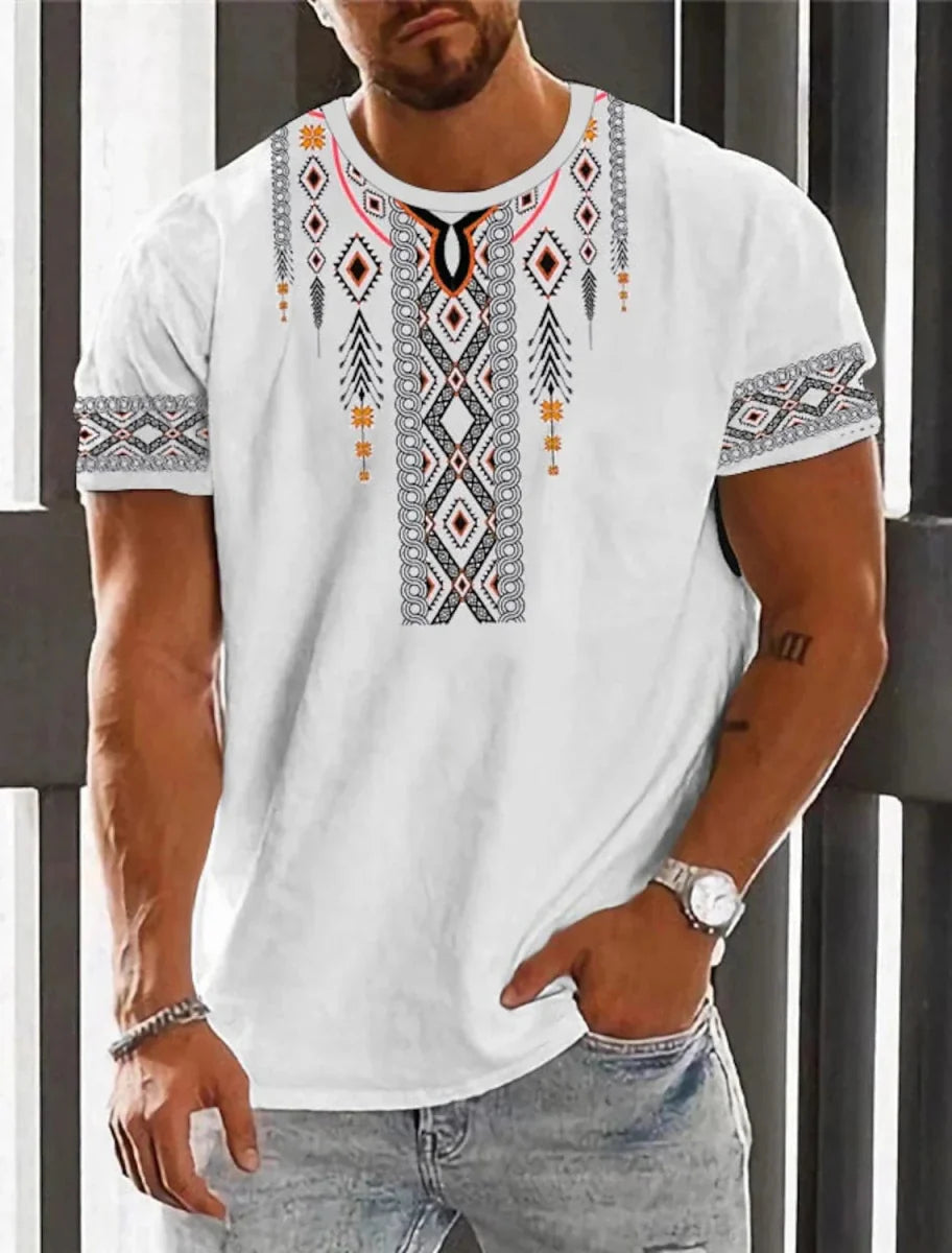 Showlu Fashion men's ethnic 3D print T-shirt with retro Harajuku totem design, casual summer streetwear, neutral tones.