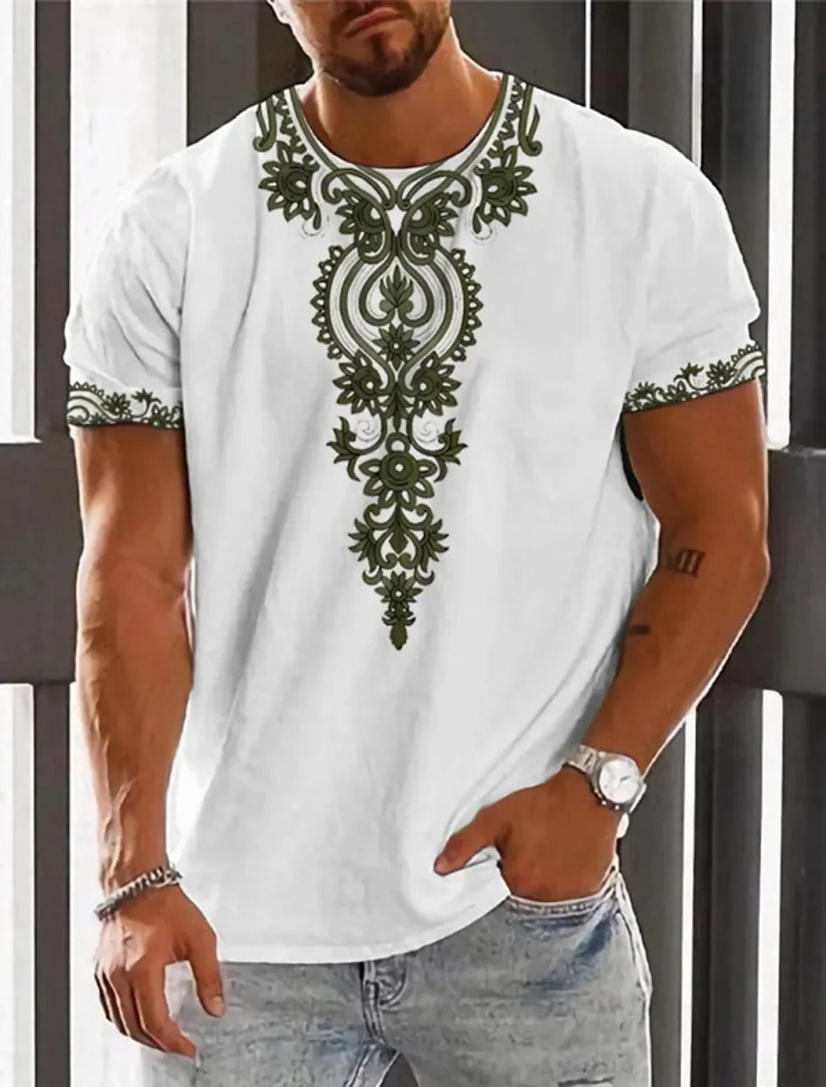 Showlu Fashion men's ethnic 3D print T-shirt with retro Harajuku totem design, casual streetwear style, summer fashion top
