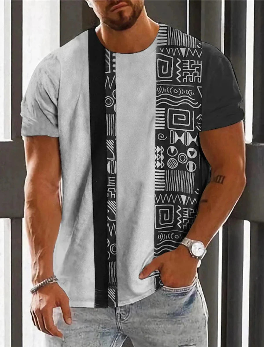 Showlu Fashion men's ethnic 3D print T-shirt featuring retro Harajuku totem design, casual streetwear style for summer.
