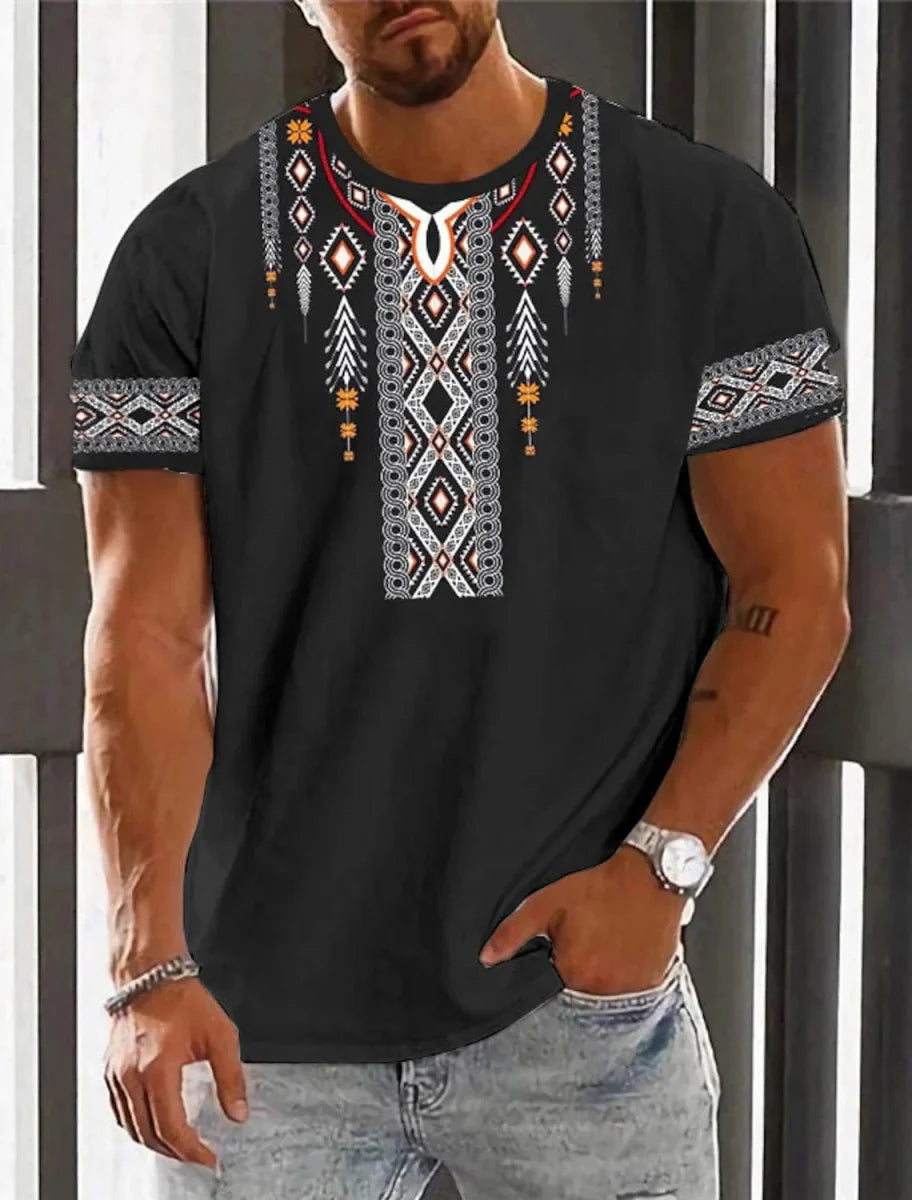 Men's Ethnic 3D Print T-Shirt by Showlu Fashion with retro Harajuku totem design, casual summer streetwear, neutral tones.
